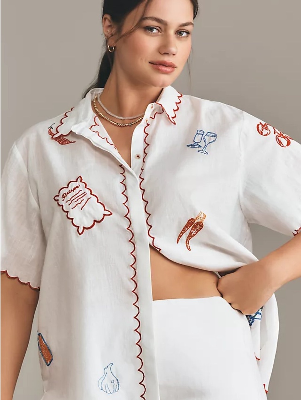 Anthropologie Maeve Embroidered White Icon Button Down Surf Shirt